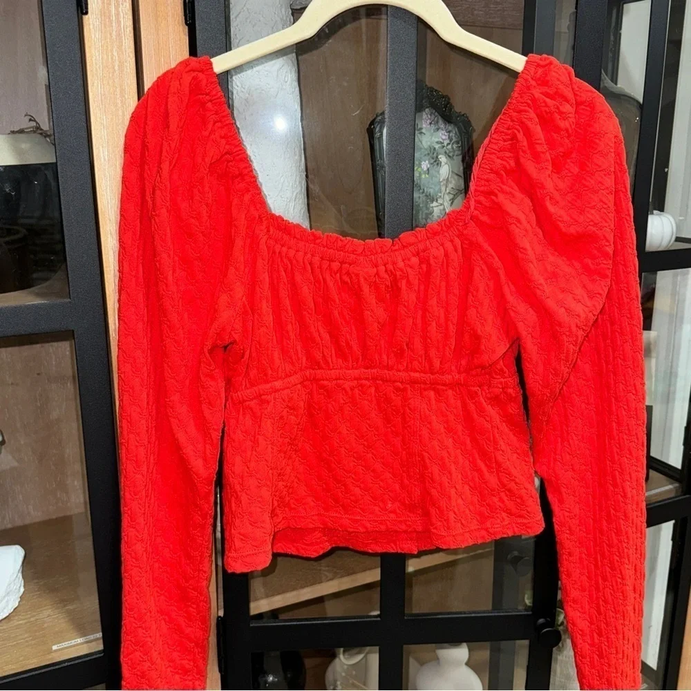 Free People ladybug top corset sweetheart long sleeve crop textured knit fire
